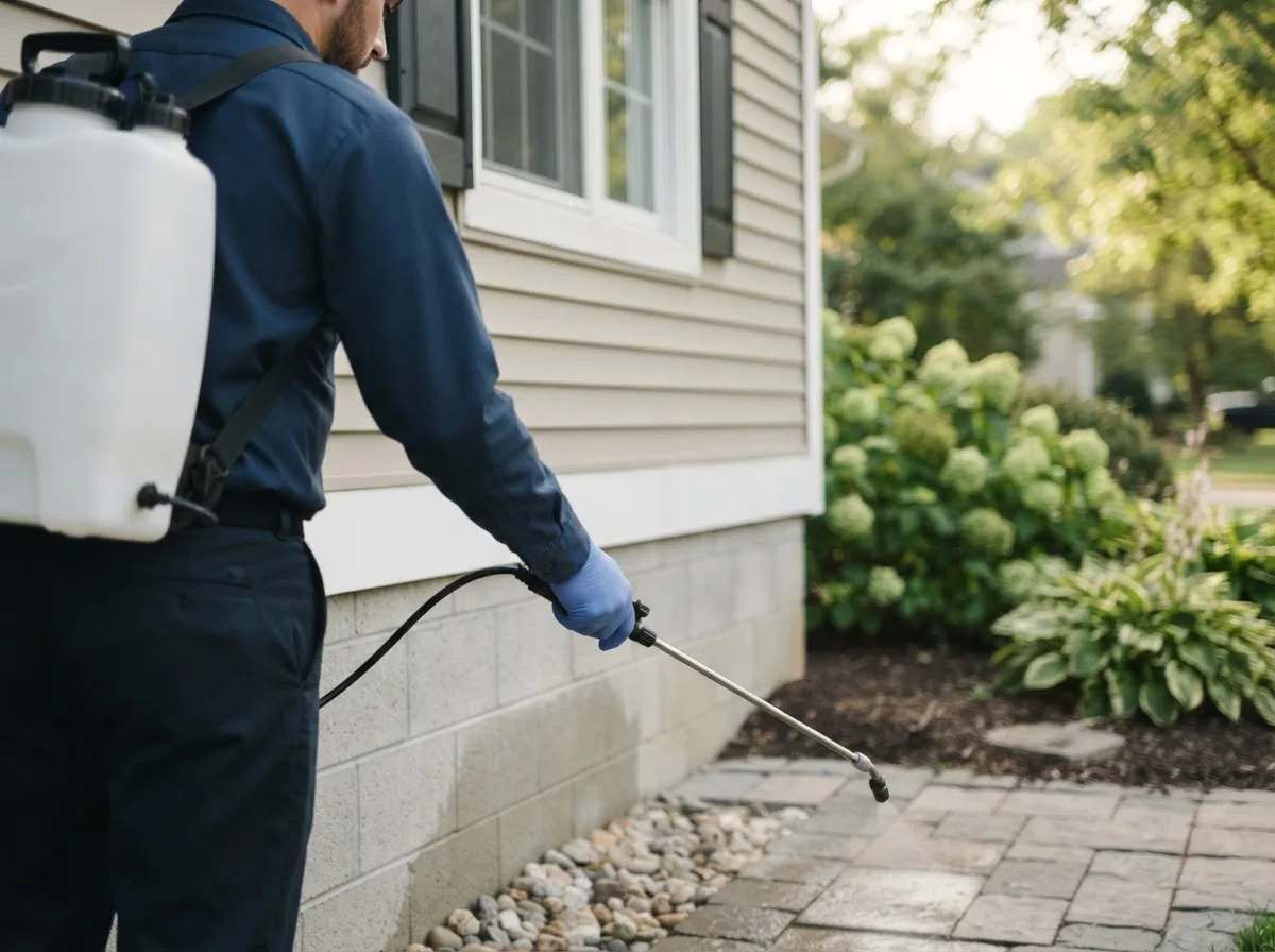 Pest control technician inspecting a home in Darlington, MO
